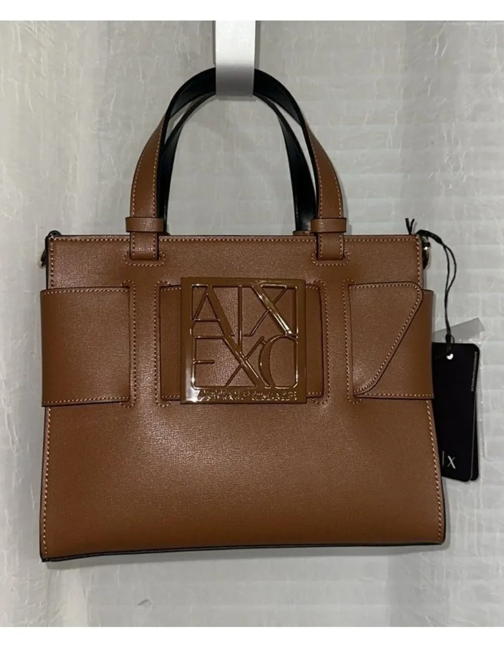 A/X Whiskey Brown Medium Faux Leather Tote with Central Logo Crossbody Strap
